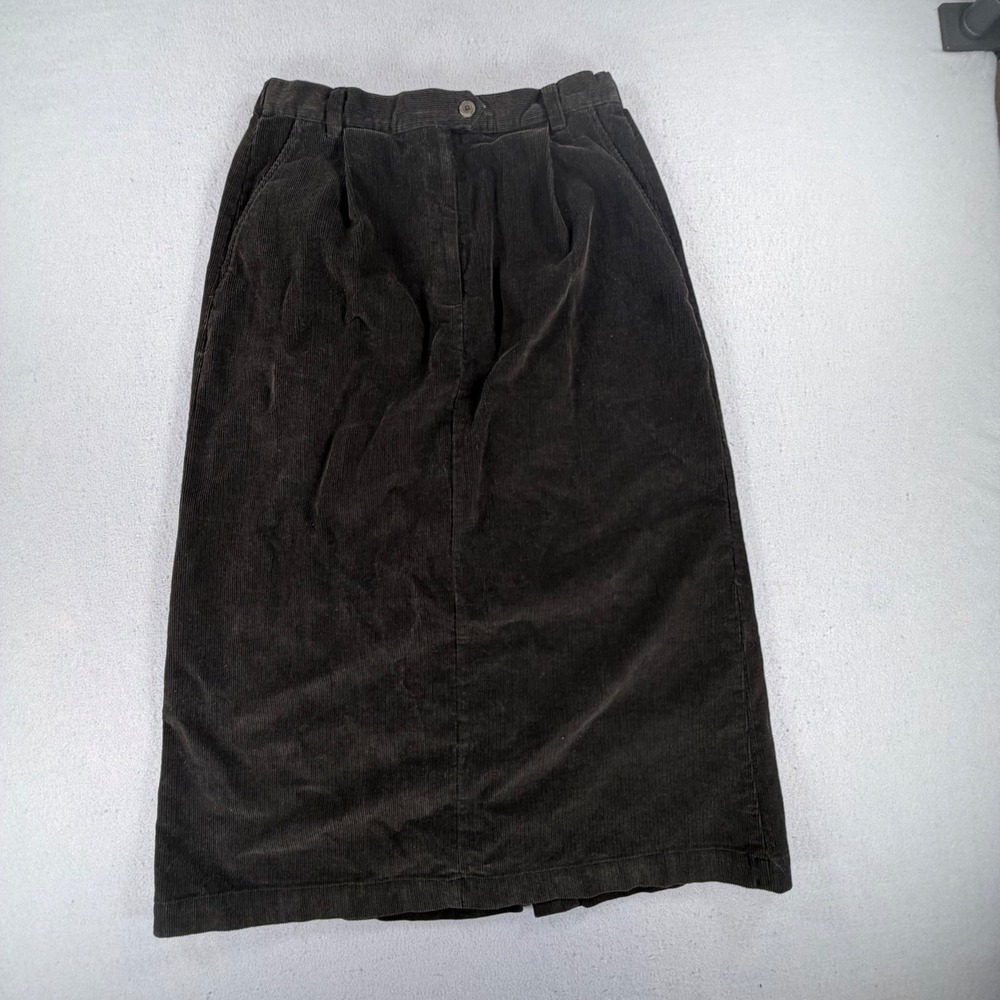 L.L.Bean Women's Petite 8 Brown Corduroy Midi Skirt Pleated Front Side Pockets